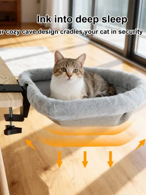 Cat Desk Bed One-Click Folding Sunken Design Space-Saving Semi-Circular Cat Desk Hammock Perch For Home Office Indoor Cats