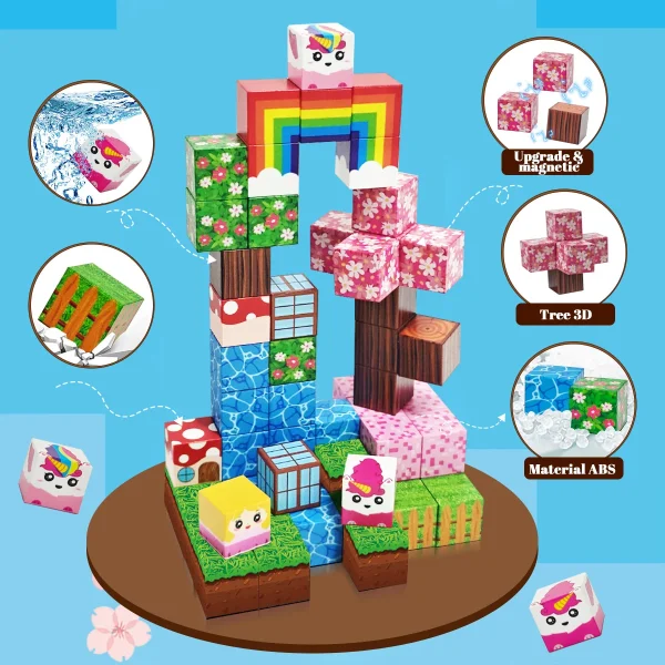 Magnetic Building Blocks,  Rainbow Unicorn Magnetic Cubes, Education Toys for Girls and Boys, Ideal Christmas Birthday Gifts