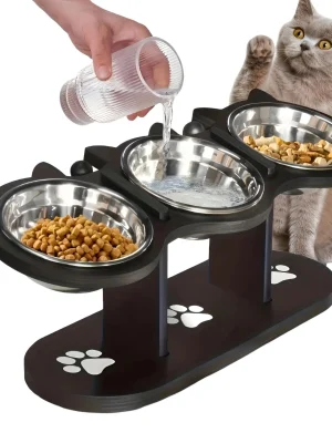 Elevated Cat Food Bowl with Black Wooden Support Frame Stainless Steel Cats Bowls 15° Stand Sloped Feeding & Watering Supplies