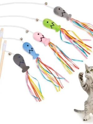 Cat Wand Toys Fish Shape Interactive Colorful Ribbons Bell Toys with Catnip Kitten Teaser Cat String Toy Pet Accessories