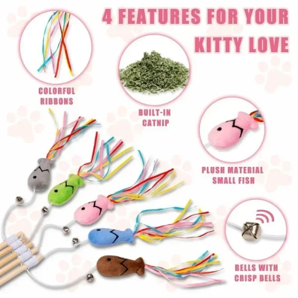 Cat Wand Toys Fish Shape Interactive Colorful Ribbons Bell Toys with Catnip Kitten Teaser Cat String Toy Pet Accessories