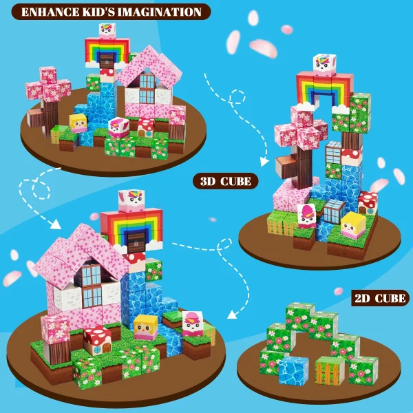 Magnetic Building Blocks,  Rainbow Unicorn Magnetic Cubes, Education Toys for Girls and Boys, Ideal Christmas Birthday Gifts