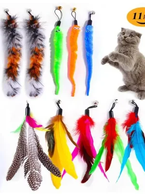 Cat Toys 11pcs Replacement Cat Feather Toy Set Feather Replacement Head Retractable Cat Stick Cat Products
