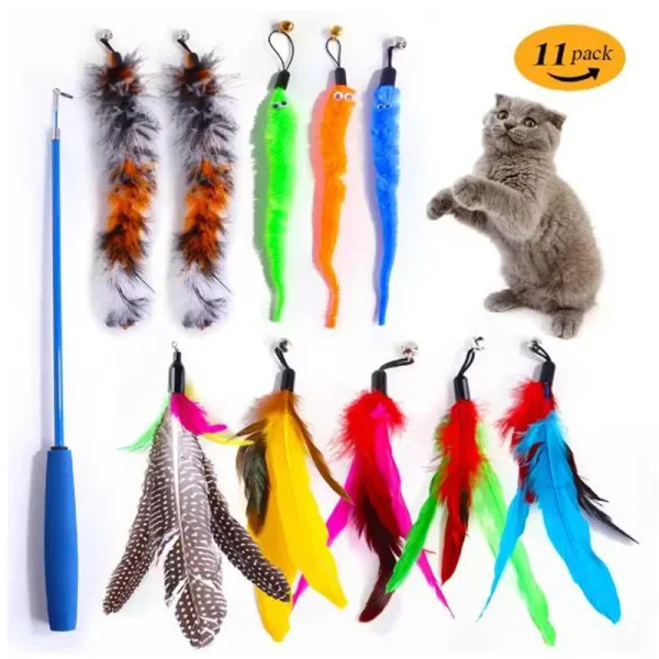 Cat Toys 11pcs Replacement Cat Feather Toy Set Feather Replacement Head Retractable Cat Stick Cat Products
