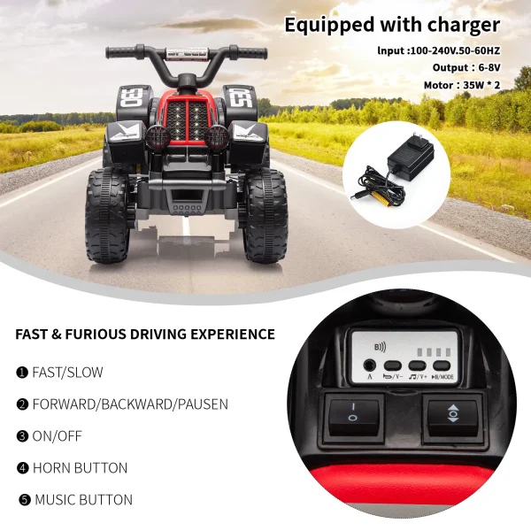 6V Kids Ride On Car Electric ATV,with LED Headlights,Music,Forward & Reverse,Ride-On Toy for Toddlers Boys & Girls