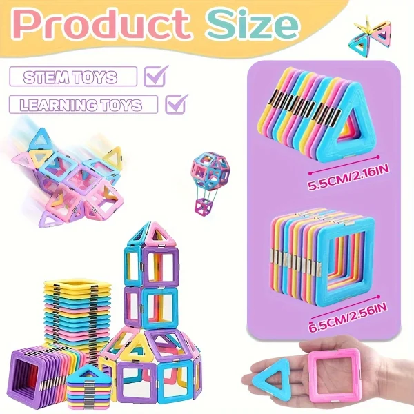 Large Magnetic Building Block Toy Set - Stem Educational Construction Toy, Colorful Mix, Creative Birthday/Holiday Gift