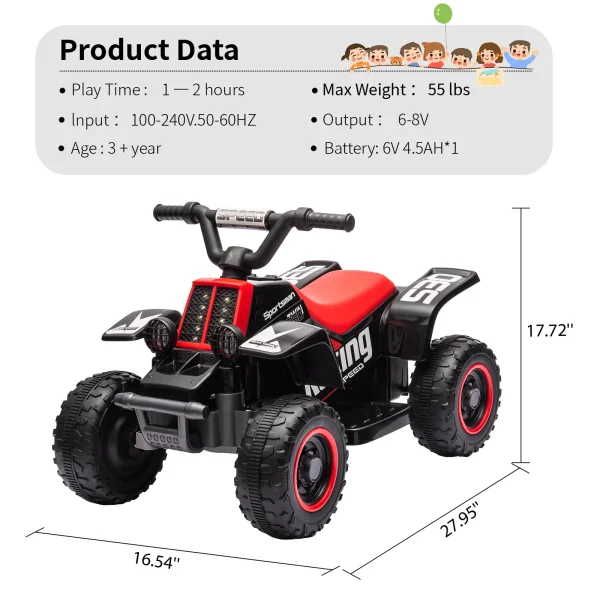 6V Kids Ride On Car Electric ATV,with LED Headlights,Music,Forward & Reverse,Ride-On Toy for Toddlers Boys & Girls